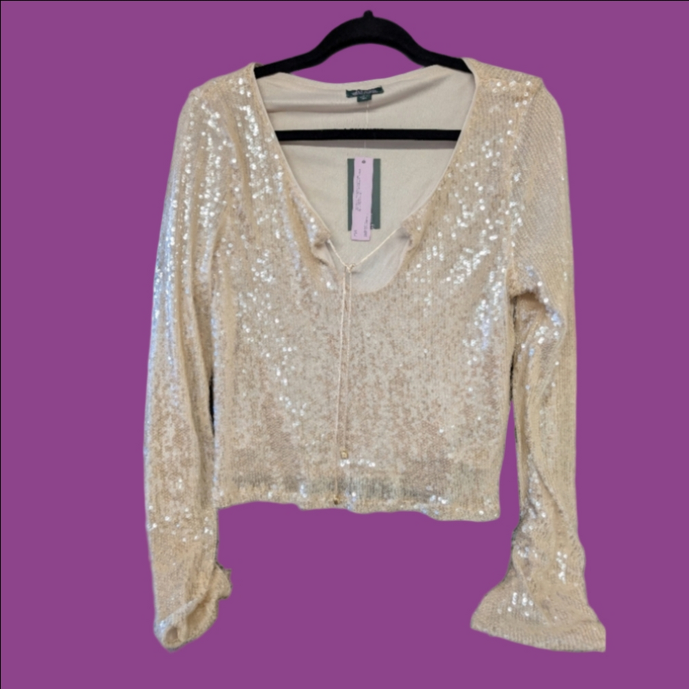 Top Sequin Bell Sleeves Off White Sequin Size L NWT